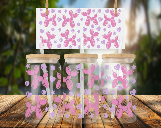 Adorable Pink Balloon Animals Pattern 16oz UVDTF Glass Can Wrap