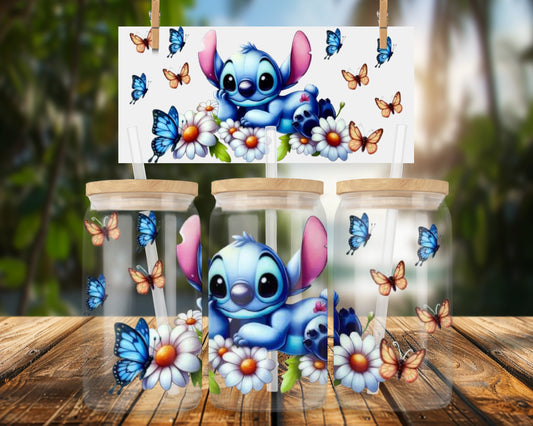 Cute Cartoon Character Surrounded by Butterflies 16oz Glass Can Wrap