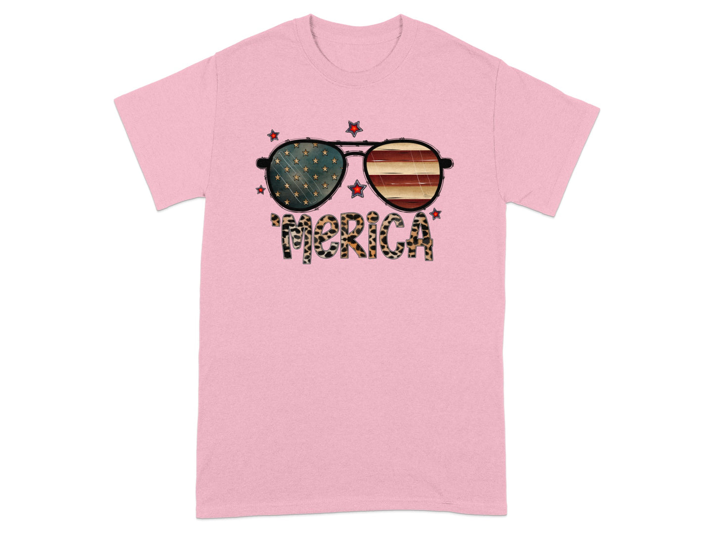 Pink t-shirt with sunglasses featuring American flag and "Merica" text.