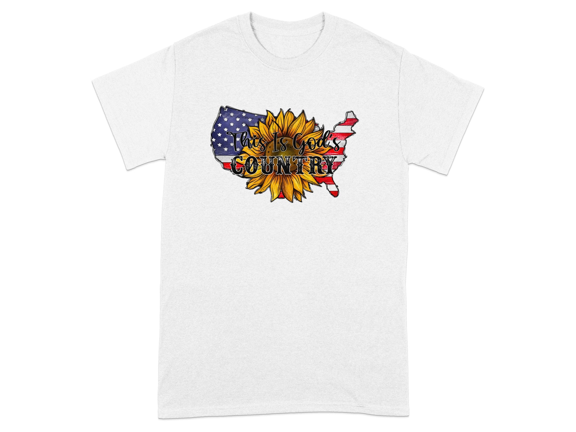 White t-shirt with US map, sunflower, and text "This Is God's Country."
