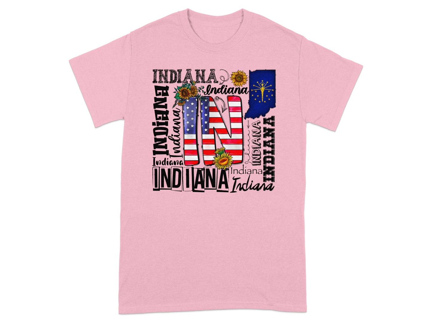Pink t-shirt with "Indiana" text, US flag, and sunflowers.