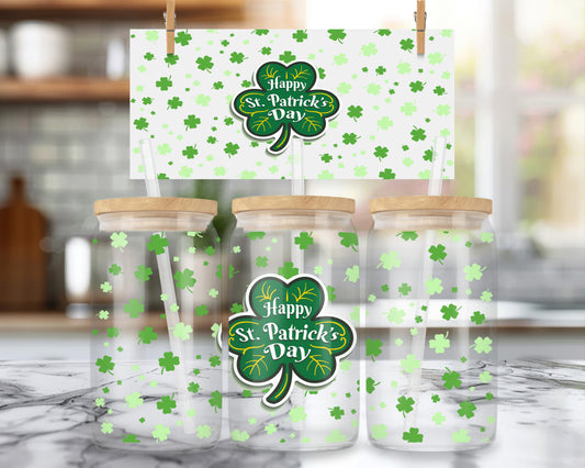 16oz Glass Can Happy St Patrick's Day Clover Print