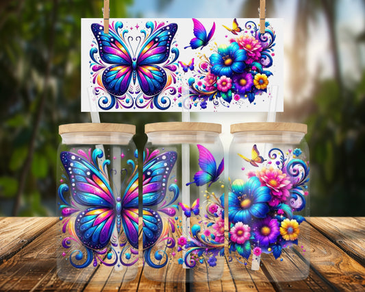 Colorful Butterfly Floral Design 16oz UVDTF Glass Can Wrap