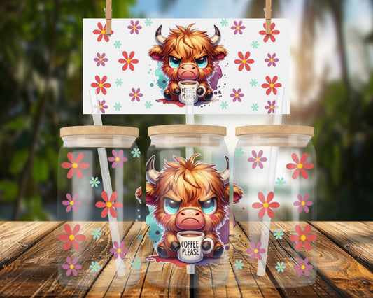 Cute Angry Bull Art with Coffee Please 16oz UVDTF Glass Can Wrap