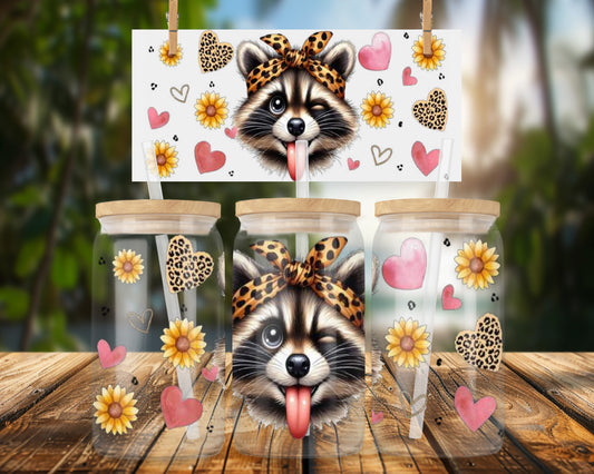 Cute Winking Raccoon with Hearts and Sunflowers 16oz UVDTF Glass Can Wrap