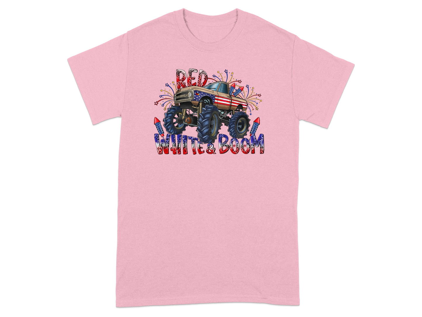 Monster truck with American flag design and "RED WHITE & BOOM" text.