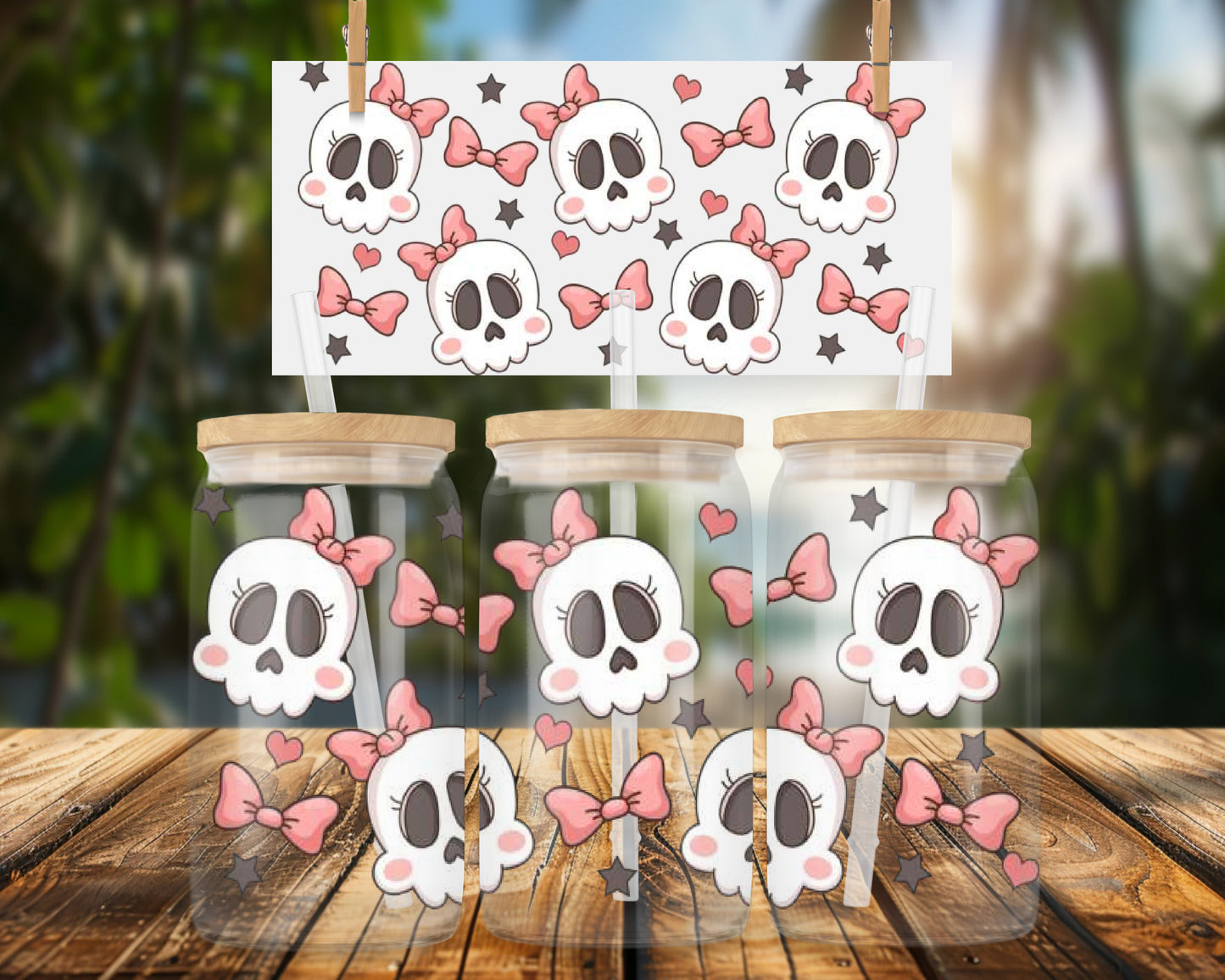 Cute Cartoon Skulls and Pink Bows 16oz UVDTF Glass Can Wrap
