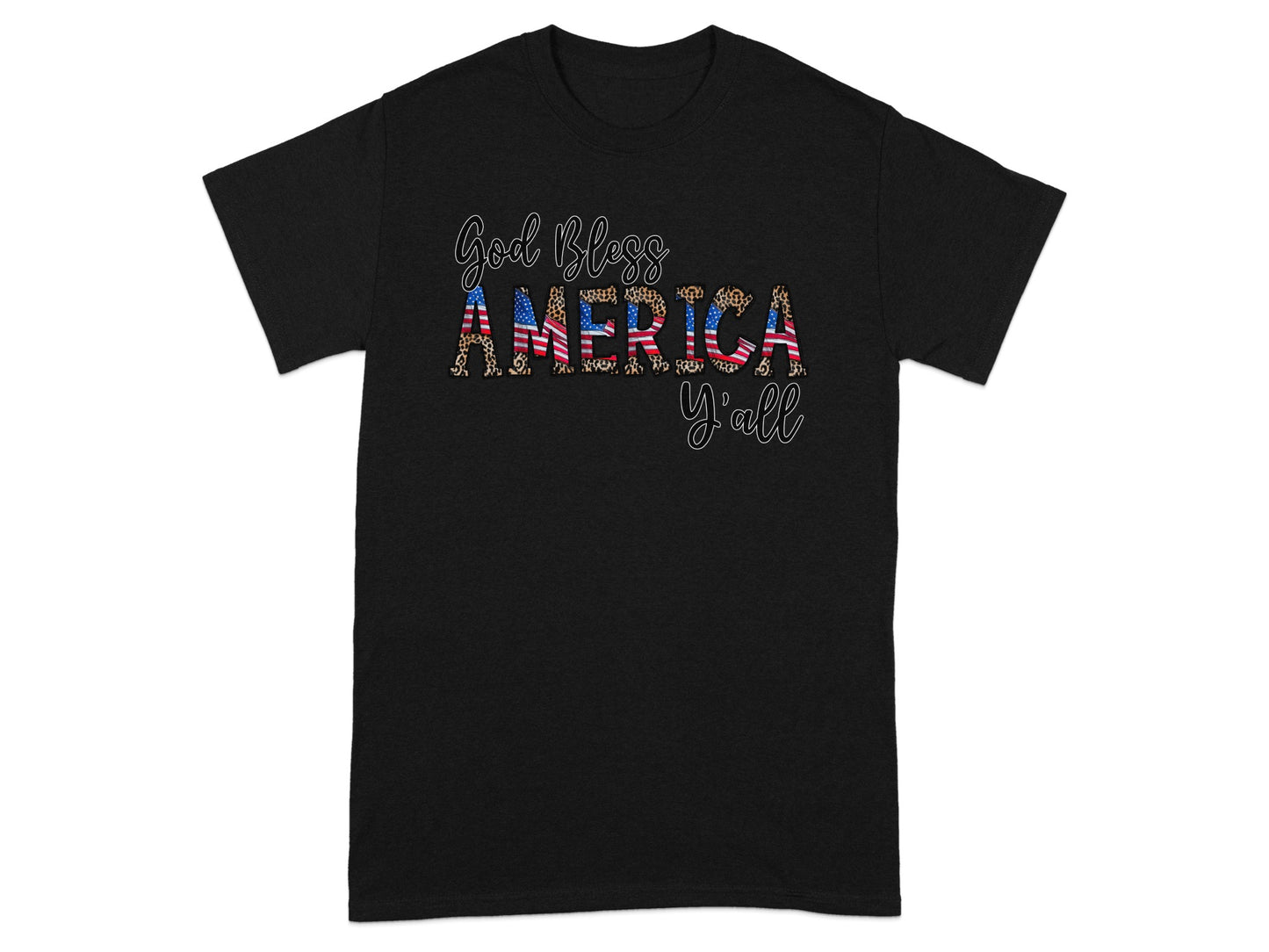 Black t-shirt with "God Bless AMERICA y'all" text featuring flag and leopard print.