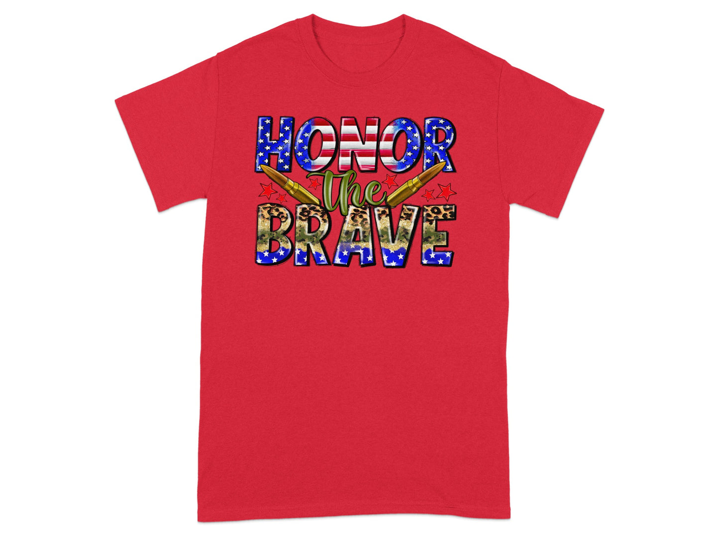 Red t-shirt with "HONOR the BRAVE" text featuring patriotic and camouflage patterns.