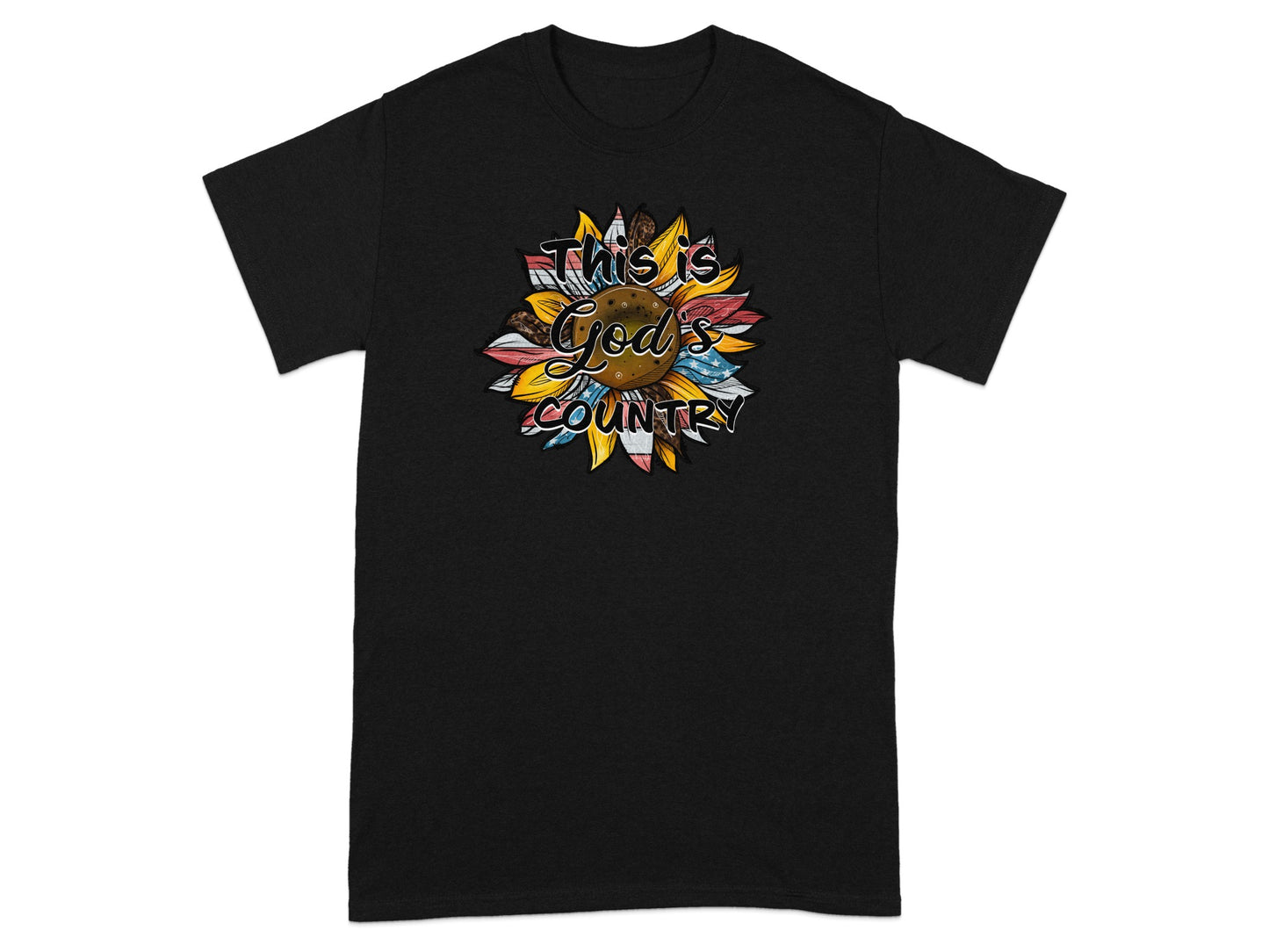 Black t-shirt with sunflower graphic featuring American flag elements and text "This is God's Country".