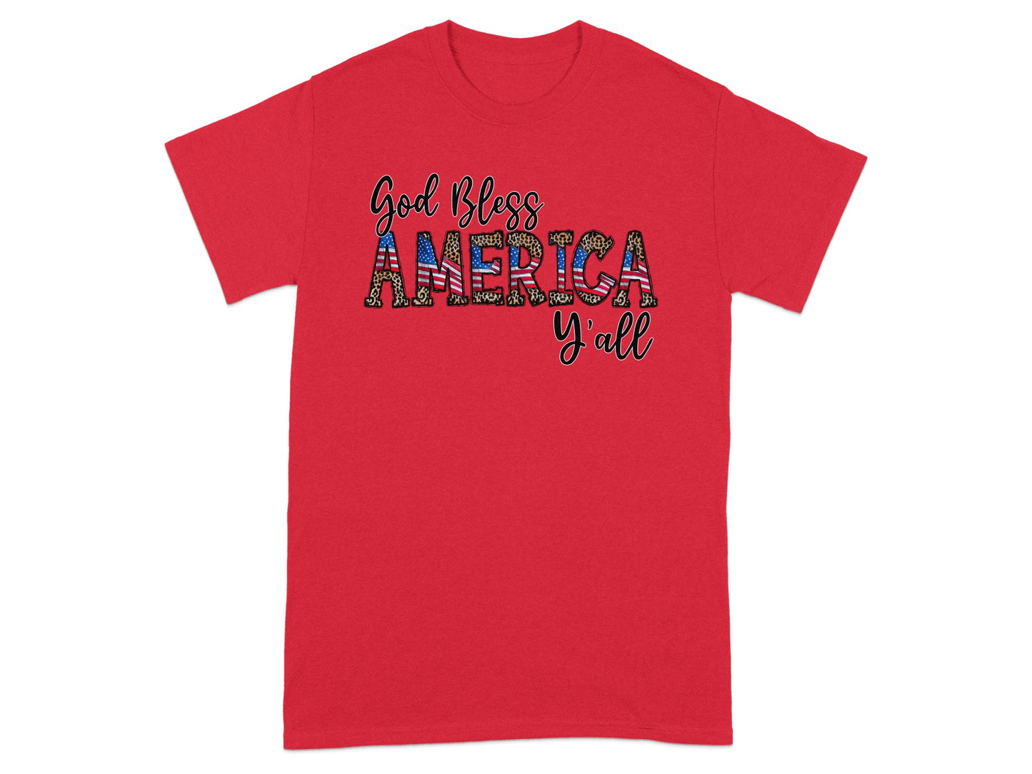 Red t-shirt with "God Bless America y'all" text in patriotic and leopard print.