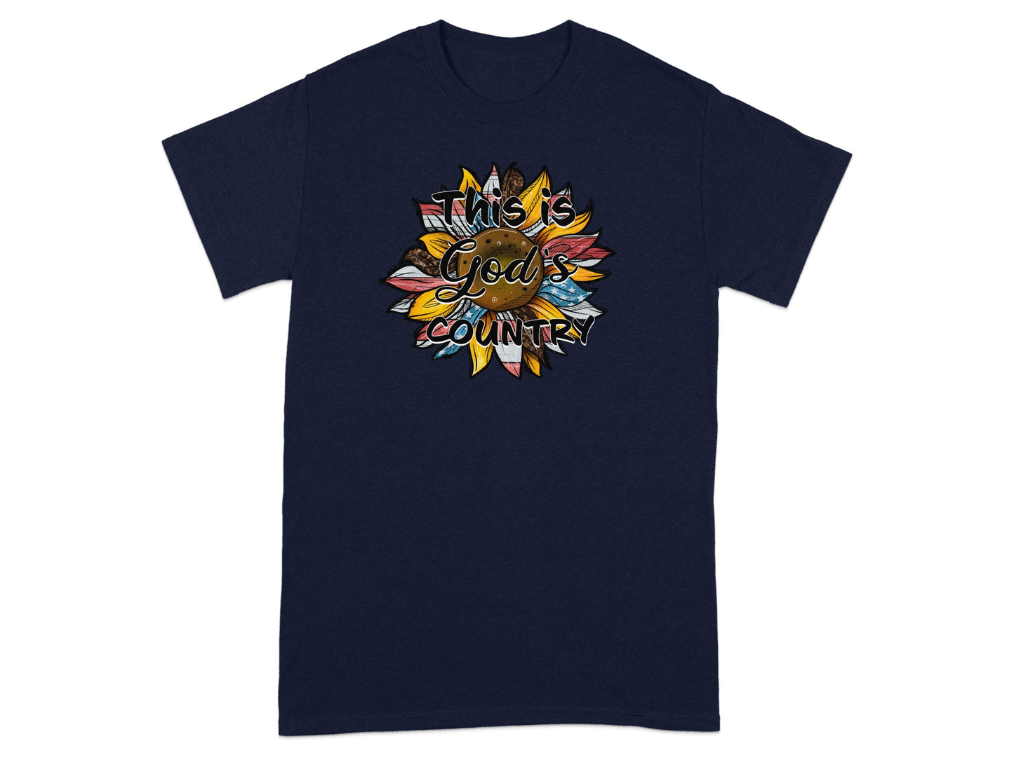 Navy t-shirt with a sunflower graphic and "This is God's Country" text.