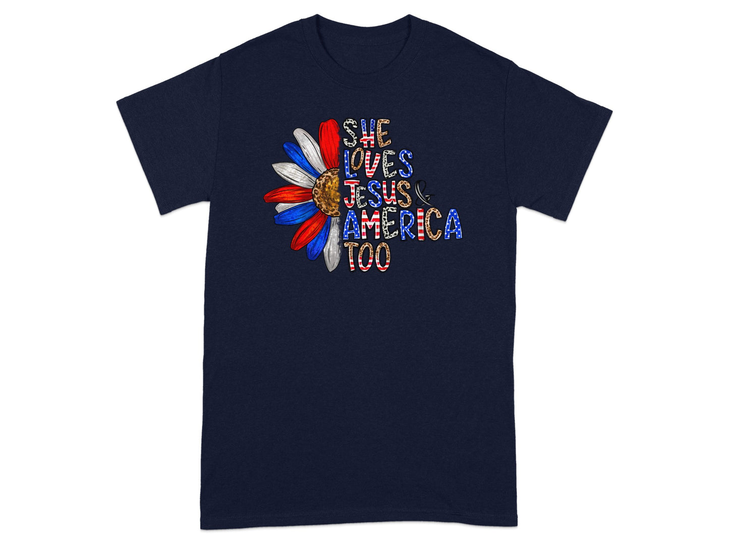 Navy t-shirt with sunflower graphic and text "SHE LOVES JESUS & AMERICA TOO".