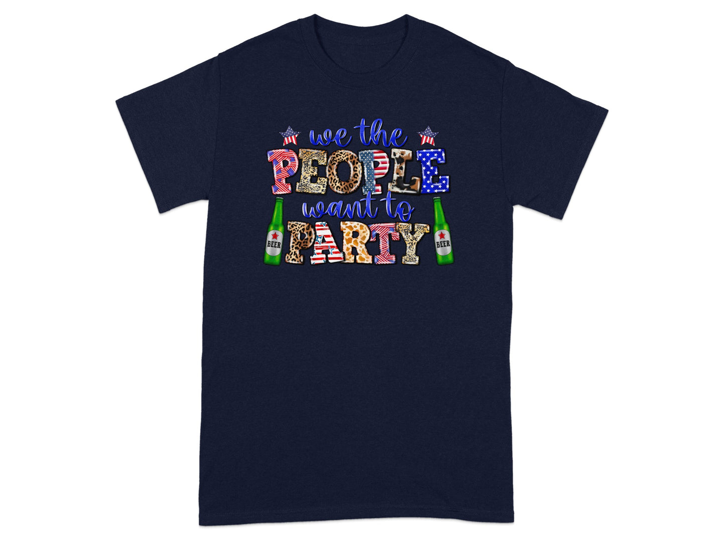Navy t-shirt with text "we the PEOPLE want to PARTY" and beer bottles.