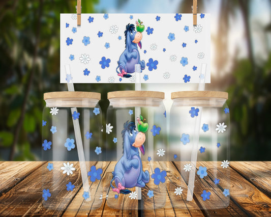 Blue Donkey with Apple and Flowers 16oz UVDTF Glass Can Wrap