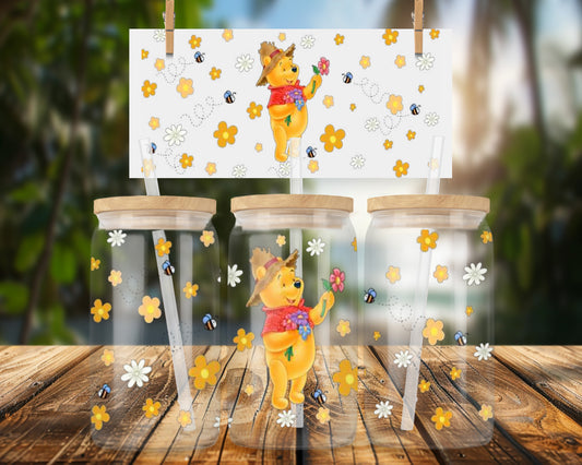 Adorable Bear Holding Flowers Pattern 16oz UVDTF Glass Can Wrap