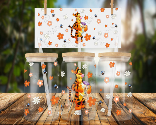 Cheerful Tiger and Spring Flowers 16oz UVDTF Glass Can Wrap