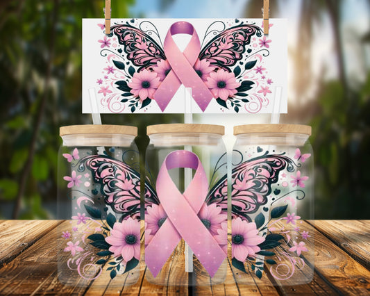 Breast Cancer Awareness Butterfly 16oz UVDTF Glass Can Wrap