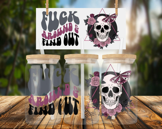 Bold Expression with Skull and Roses 16oz UVDTF Glass Can Wrap