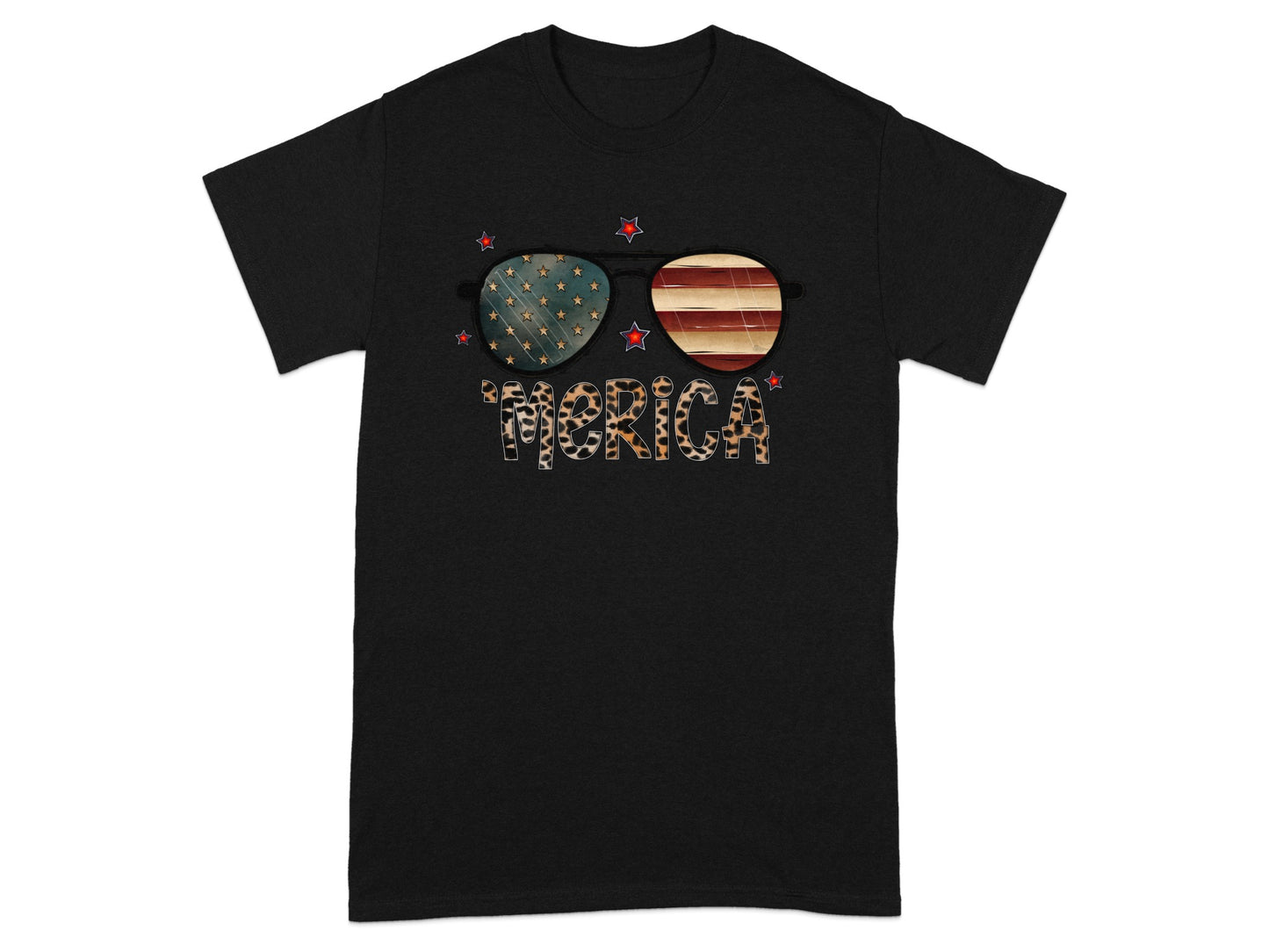 Black t-shirt with sunglasses reflecting American flag and "MERICA" text.