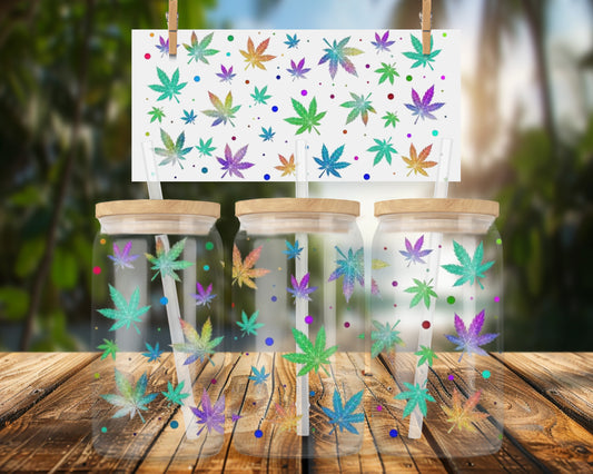 Colorful Leaves and Dots Design 16oz UVDTF Glass Can Wrap