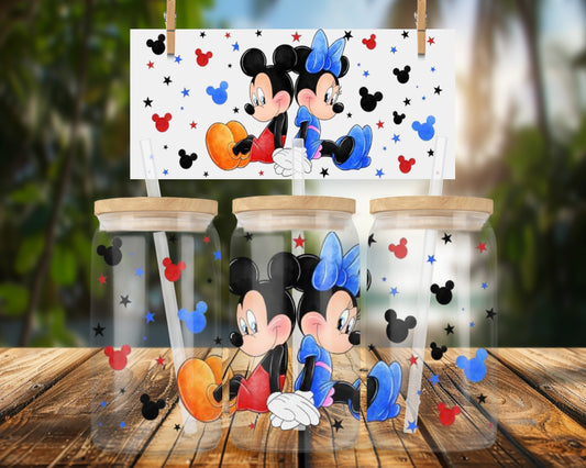Classic Mouse Couple Sitting Back to Back Design 16oz UVDTF Glass Can Wrap