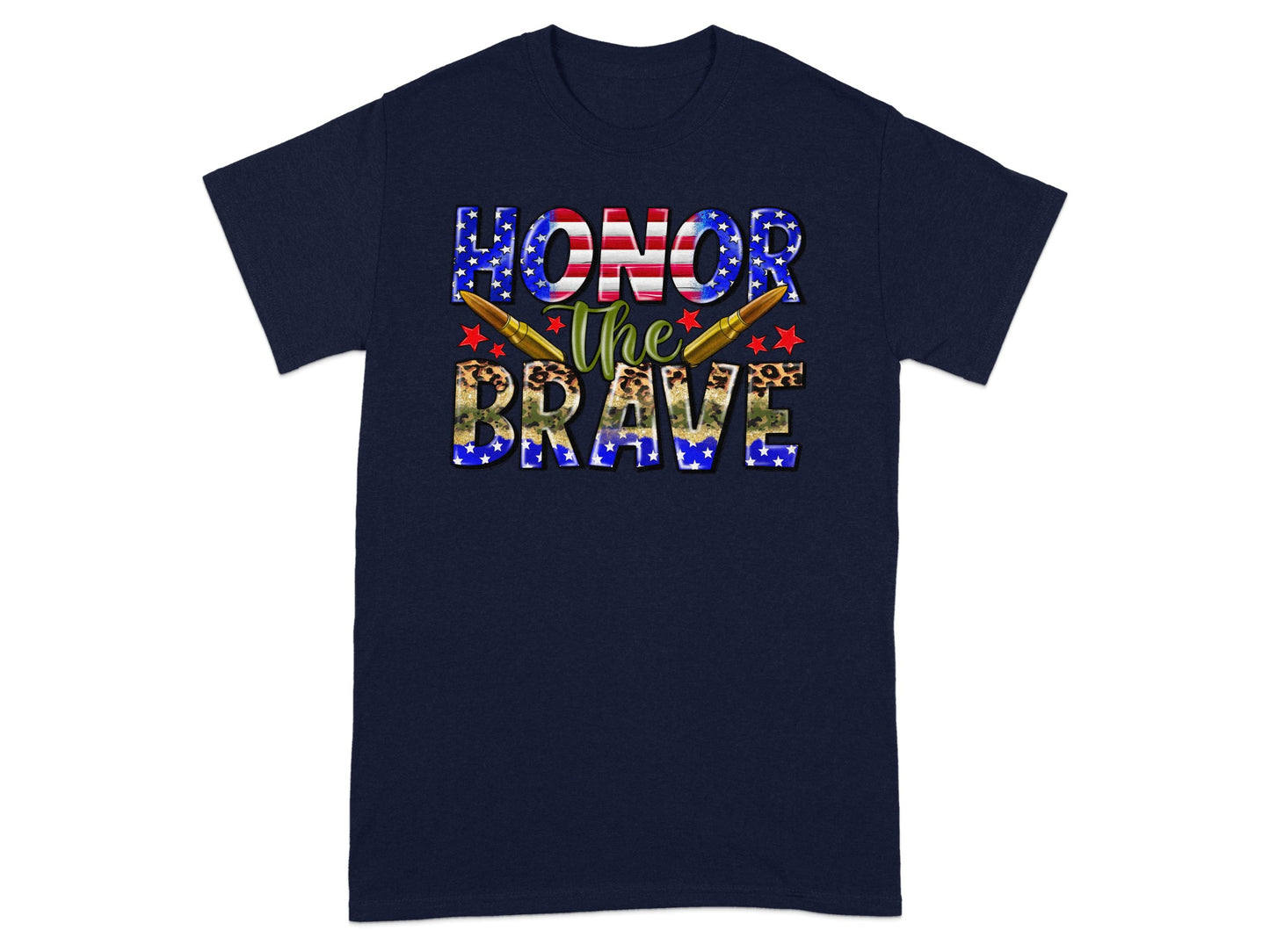 Navy t-shirt with "HONOR THE BRAVE" text, American flag, stars, and bullets.