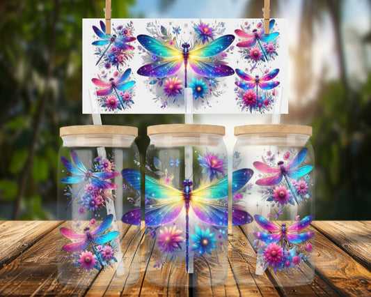 Colorful Dragonfly with Floral Pattern 16oz UVDTF Glass Can Wrap