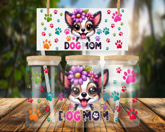 Cute Dog Mom with Floral Crown 16oz UVDTF Glass Can Wrap