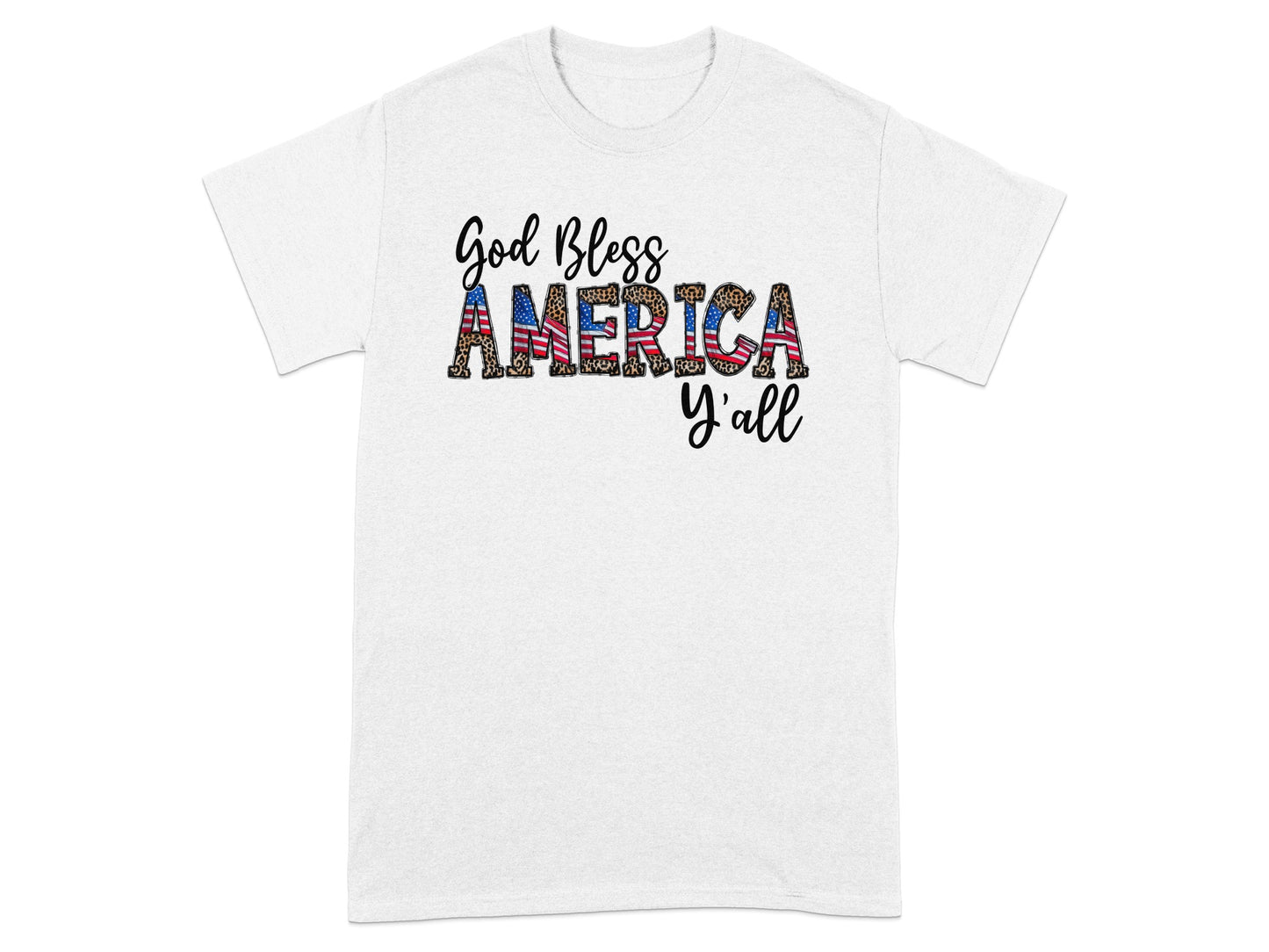 White t-shirt with "God Bless AMERICA y'all" text and patriotic print.