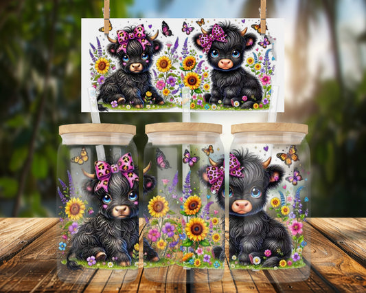 Cute Highland Cows with Flowers 16oz UVDTF Glass Can Wrap