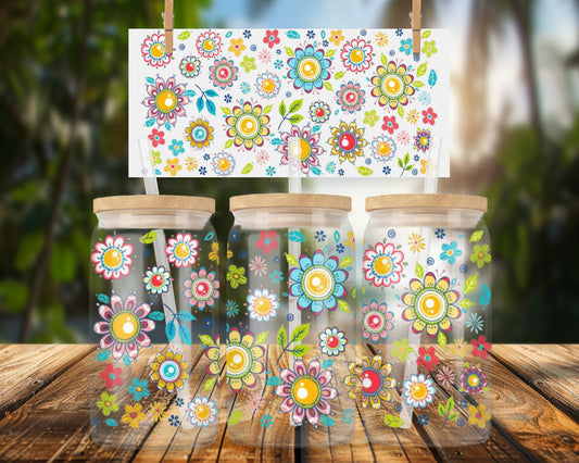 Colorful Floral Pattern 16oz UVDTF Glass Can Wrap