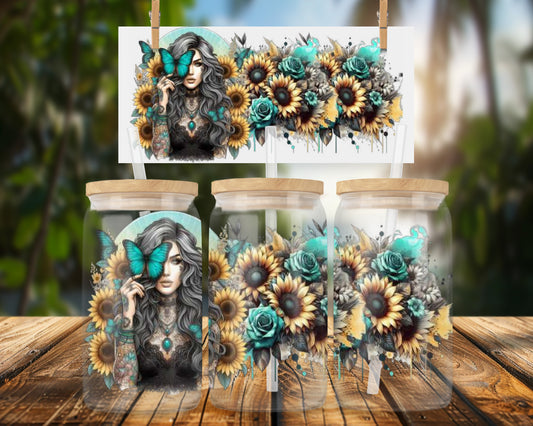 Stunning Sunflowers and Butterflies 16oz UVDTF Glass Can Wrap