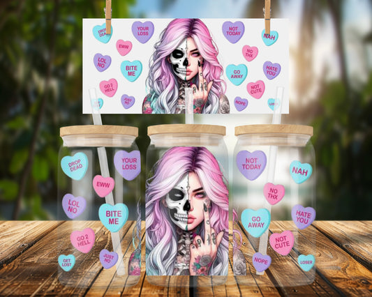 Edgy Mixed Media Art Skull Girl 16oz UVDTF Glass Can Wrap