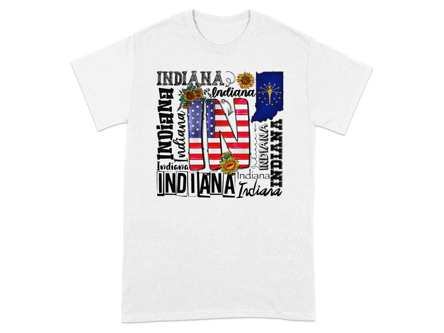 White t-shirt with "INDIANA" text, sunflowers, and Indiana flag map design.
