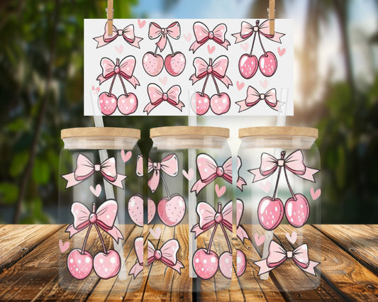 Cute Pink Bows and Hearts with Cherry Pattern 16oz UVDTF Glass Can Wrap