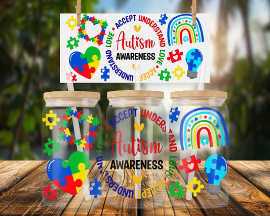Autism Awareness Design 16oz UVDTF Glass Can Wrap