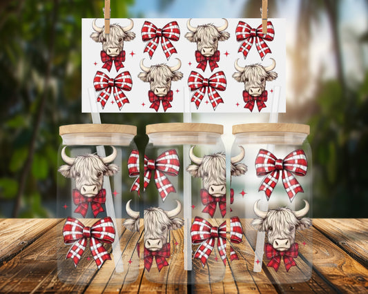 Cute Highland Cow Design with Red Plaid Bows 16oz UVDTF Glass Can Wrap