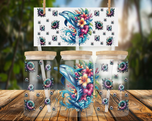 Vibrant Dolphin and Floral Design 16oz UVDTF Glass Can Wrap