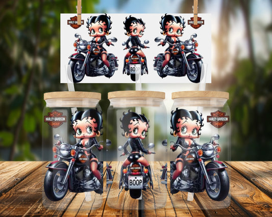Stylish Biker Girl on Motorcycle Design 16oz UVDTF Glass Can Wrap