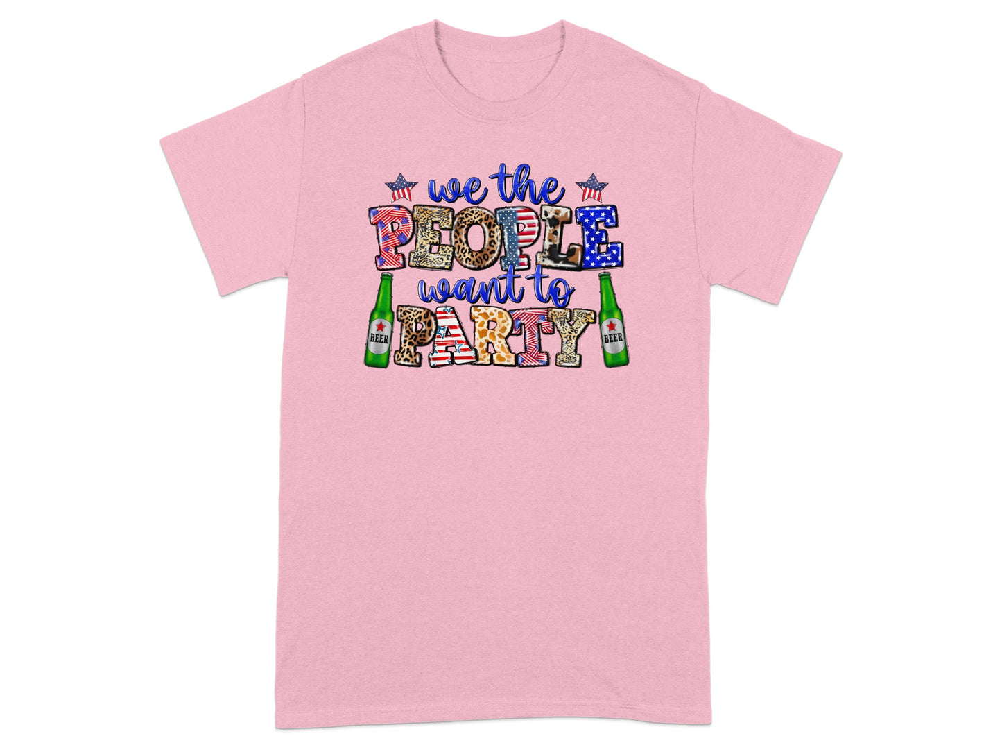 Pink t-shirt with "we the PEOPLE want to PARTY" text and beer bottles.