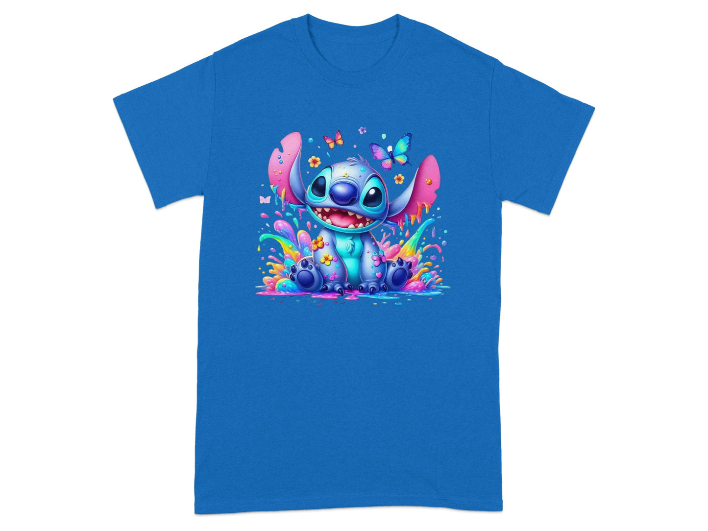 Stitch with colorful splashes and butterflies on a blue t-shirt.