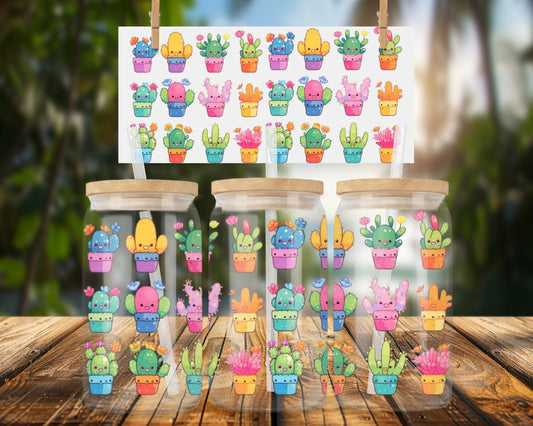 Cute Cartoon Cactus Pattern 16oz UVDTF Glass Can Wrap