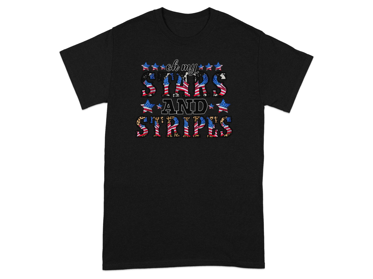 Black t-shirt with text "oh my STARS AND STRIPES" in patriotic and leopard print.