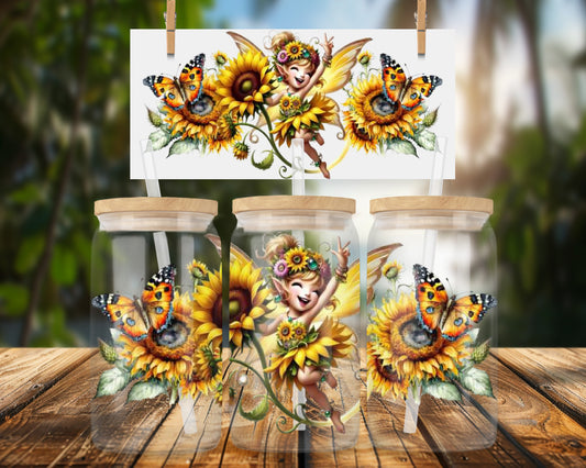 Sunflower Fairy with Butterflies 16oz UVDTF Glass Can Wrap