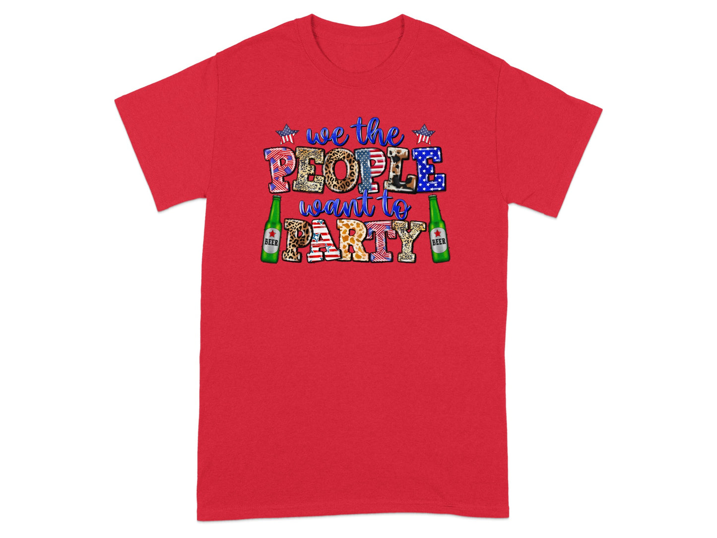 Red t-shirt with "We the People want to Party" text and beer bottles.