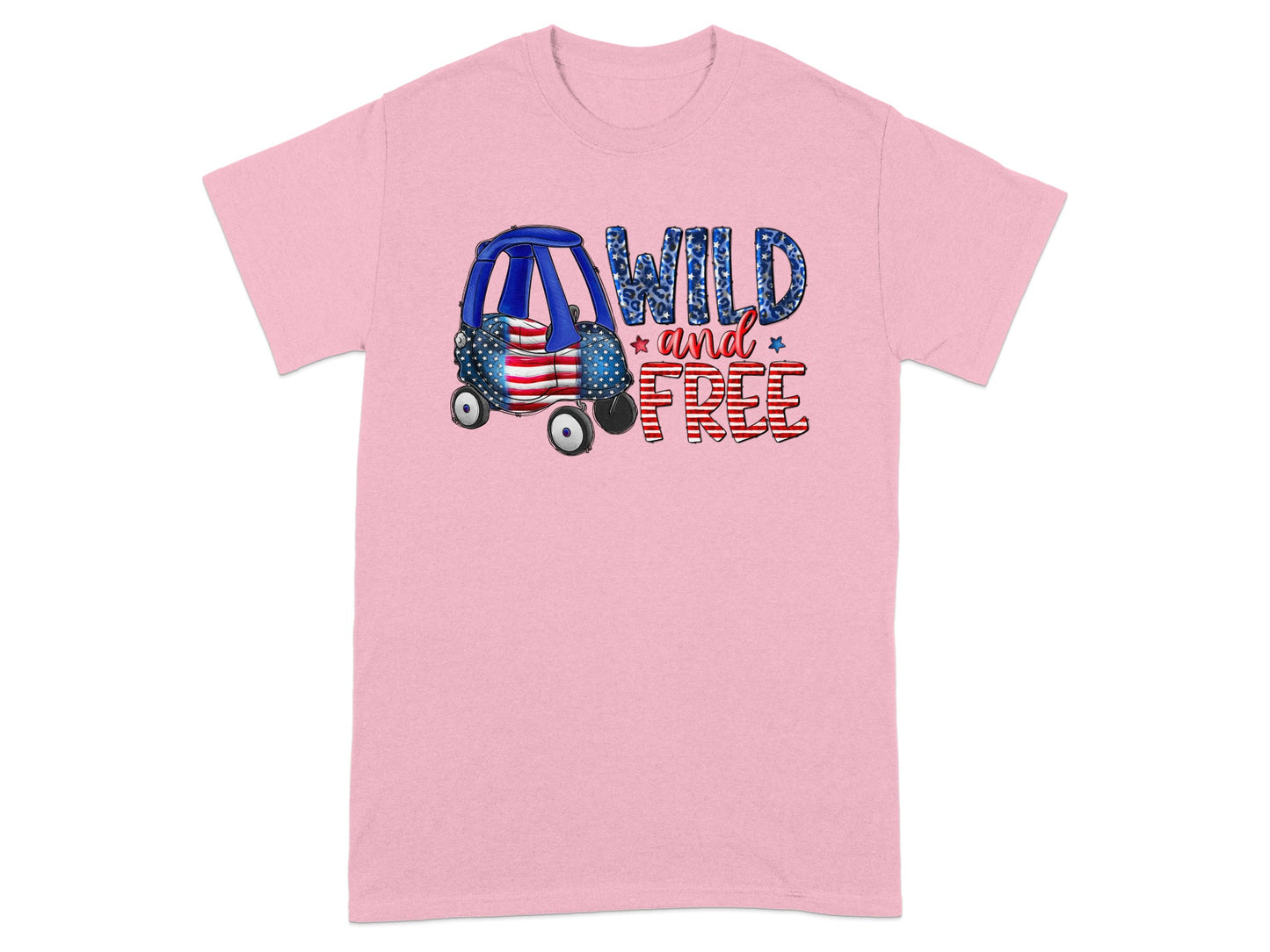 Pink t-shirt with a toy car and text "WILD and FREE" with American flag details.