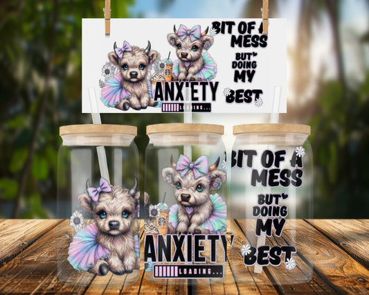 Adorable Cartoon Animals Anxiety Humor 16oz UVDTF Glass Can Wrap
