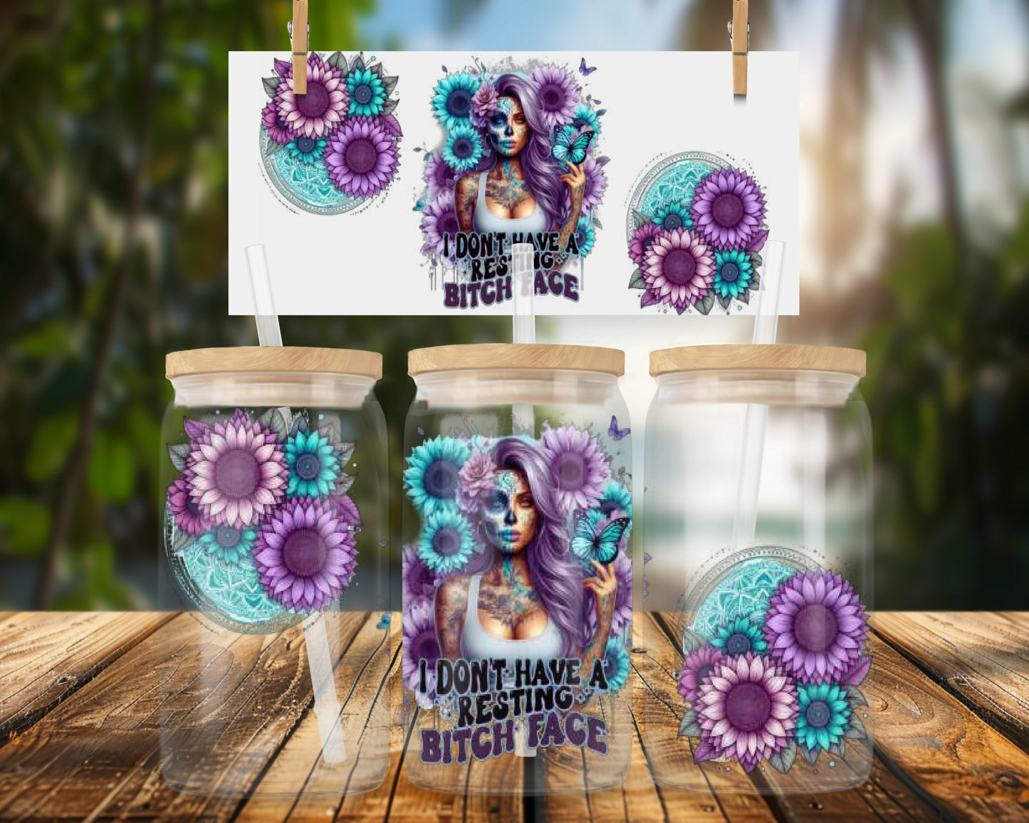 Colorful Floral and Skull Lady Design 16oz UVDTF Glass Can Wrap