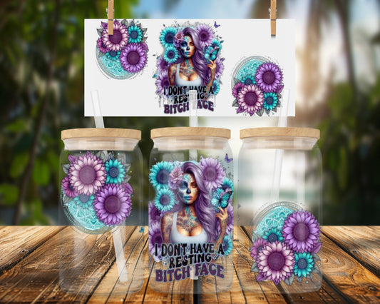 Colorful Floral and Skull Lady Design 16oz UVDTF Glass Can Wrap